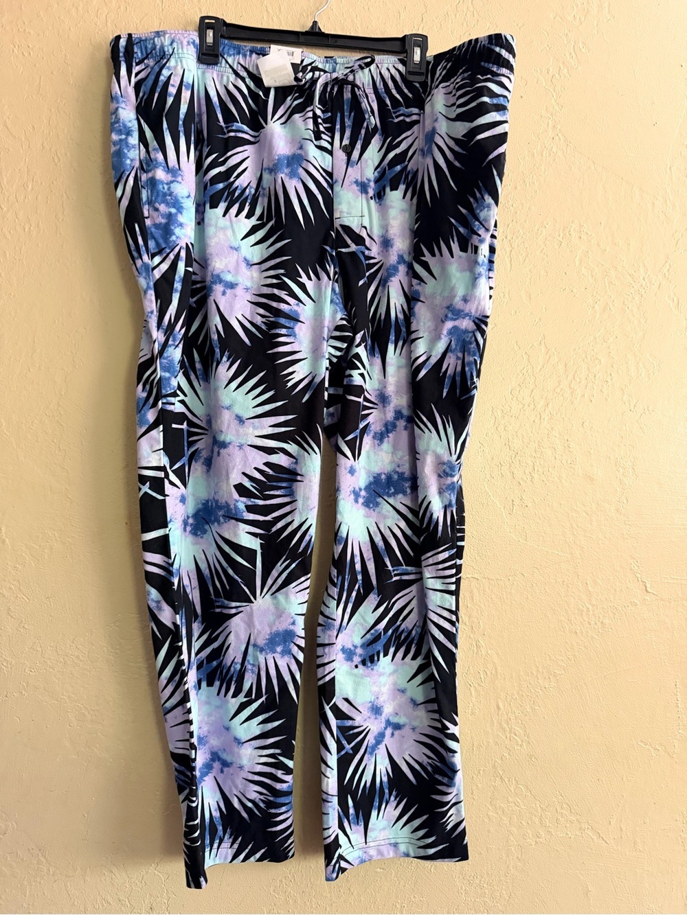No Boundaries Black Palm Print Track Pants with Lavender & Aqua Accents